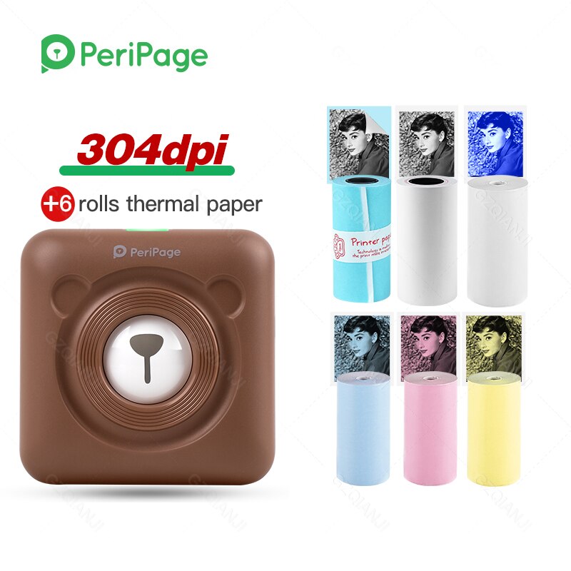 Peripage Rode Draagbare Thermische Bluetooth Printer 203Dpi 2 "Rode Photo Factuur Mini Draadloze Printer Voor Android Ios Mobiele telefoon: Brown 304Dpi 6Roll