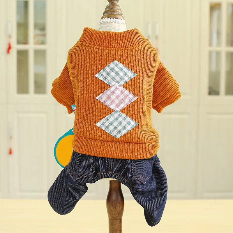 Plaid Knit Hond Denim Jumpsuit Winter Warm Hond Overalls voor Kleine Poedel Shih Tzu Maltezer Kleding Puppy Kleding Pyjama