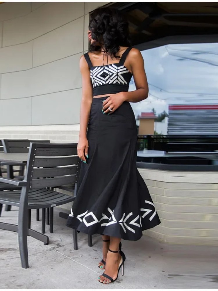 Conjuntos informales de dos piezas para mujer, Tops cortos con manga de mosca a cuadros, falda estampada, conjuntos de vestido, trajes elegantes para vacaciones 2024