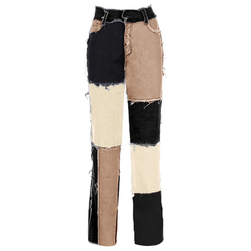 Ezgaga dames jeans kleurblok hoge taille kwast contrast patchwork broek casual streetwear denim broek dames zakken: Zwart / M
