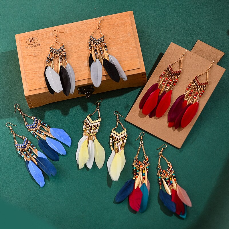 Long Tassel Feather Style Ethnic Boho Big Dangle Statement Earring Wedding Earrings Accessories