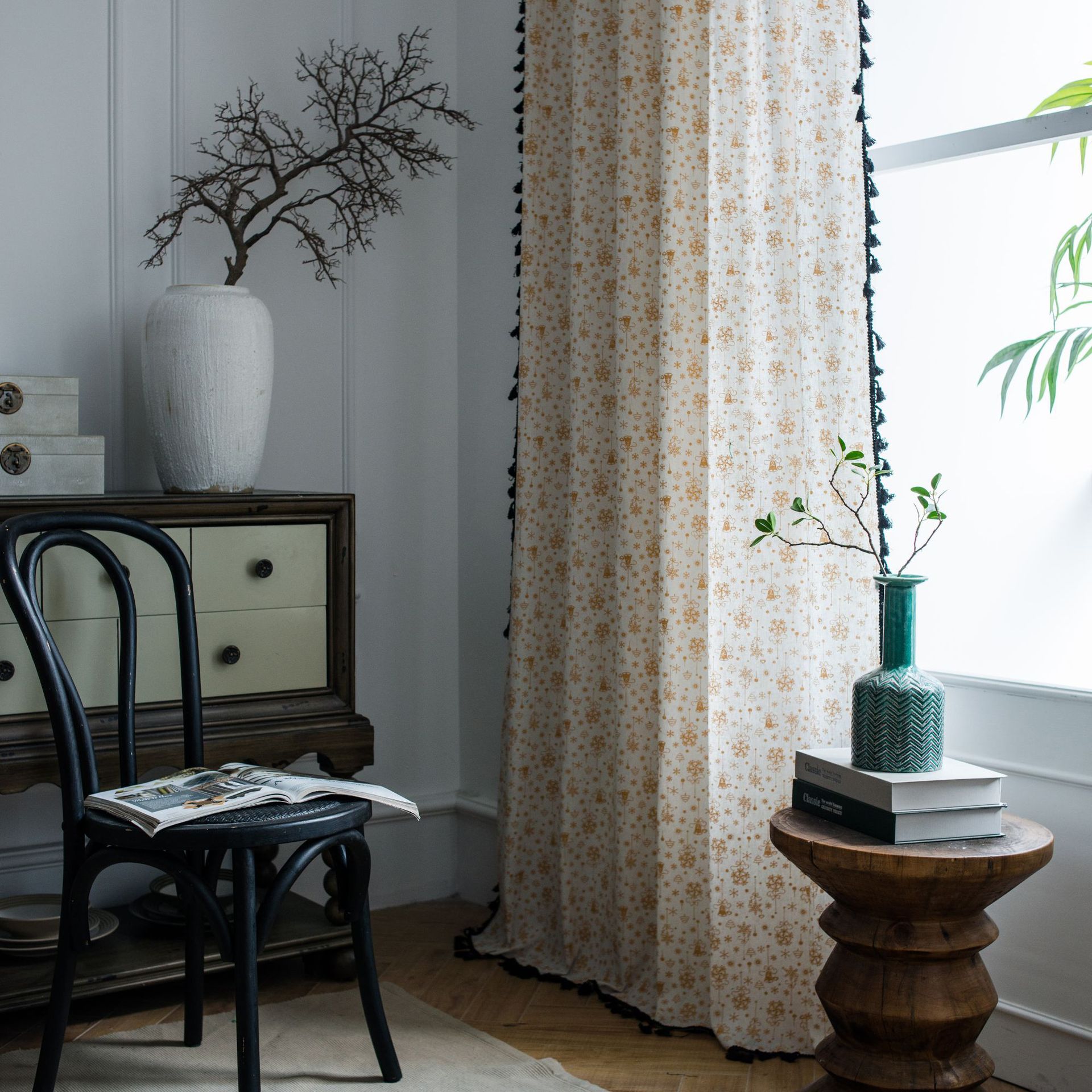 Luxe Witte Kerst Gordijnen Amerikaanse Katoen-Linnen Bronzing Chimes Gordijn Semi-Shading Erker Decoratie Woonkamer