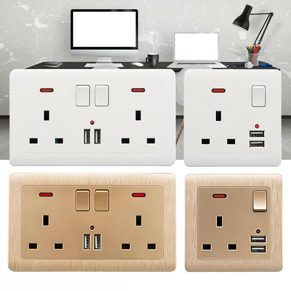 13A British Socket Usb Port Wall Charger Adapter Double Socket Way White Socket Gold 2 D6U3
