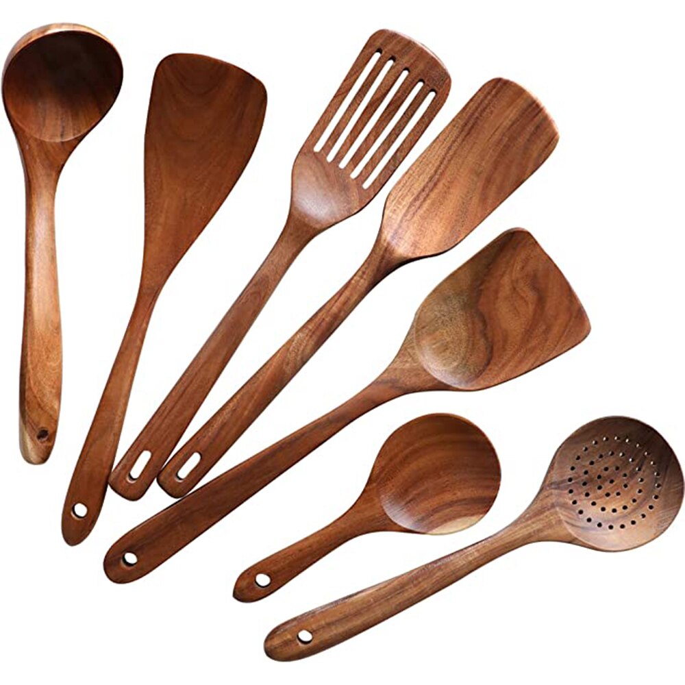 1-9 unids/set juego de utensilios de cocina de madera, cucharas de madera para cocinar, utensilios, cucharas de madera de teca Natural para de sartén antiadherente: Verde militar