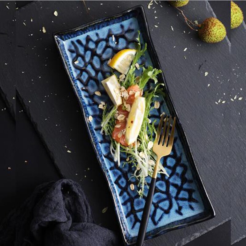 Marble Japanese Stripe Large Rectangle And Round Ceramic Pizza Plate Cookware Porcelain Sushi Tableware