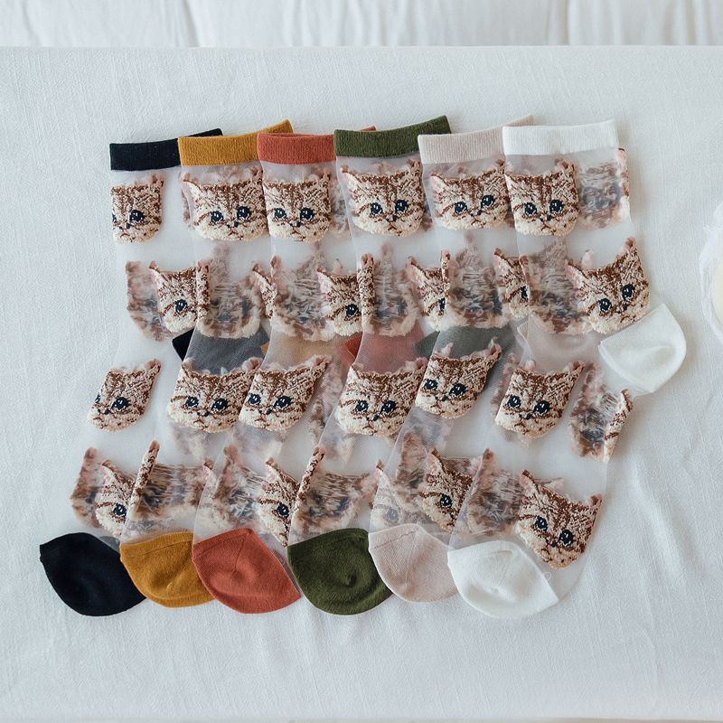 Sommer kvinders sokker kawaii sød sød sjov kat damer krystal glad japansk gennemsigtig tegneserie silke sox til pige