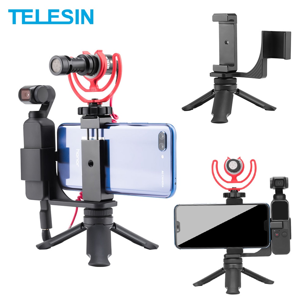 TELESIN Foldable Extended Camera Tripod Bracket + Phone Holder Clip Mount For DJI Osmo Pocket Handheld Gimbal Camera