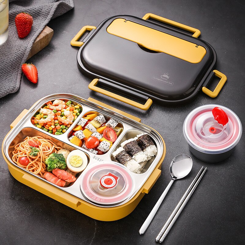 Japanese Lunch Box With Compartment 304 Stainless Steel Bento Box For Kids School Food Container Leak-proof Food Box Thermal: 2000ml yellow-5