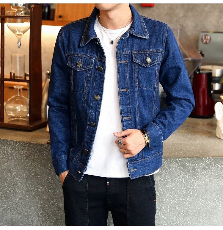 Solid Casual Slim Mens Denim Jacket Plus Size 4XL Bomber Jacket Men Cowboy Men&#39;s Jean Jacket Hombre Male: DarkBlue / XXL