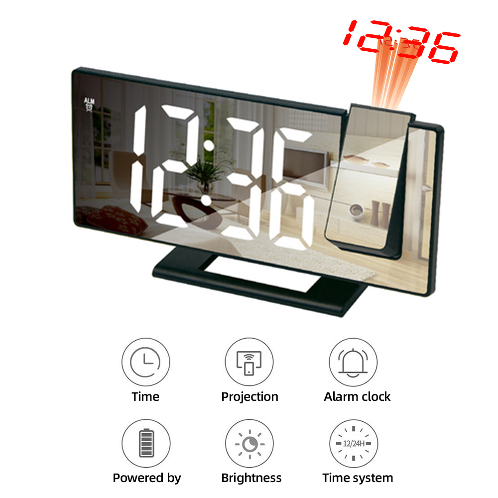 Reloj Despertador Digital con Proyección LED, Dispositivo Electrónico para Mesilla de Noche del Dormitorio con Radio FM y Proyector de Tiempo: White on Black C
