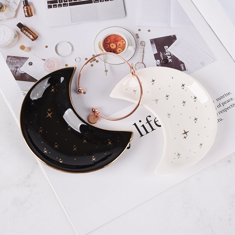 Ceramic Moon Shape Small Jewelry Dish Earrings Necklace Ring Storage Plates Fruit Dessert Display Bowl Decoration Tray