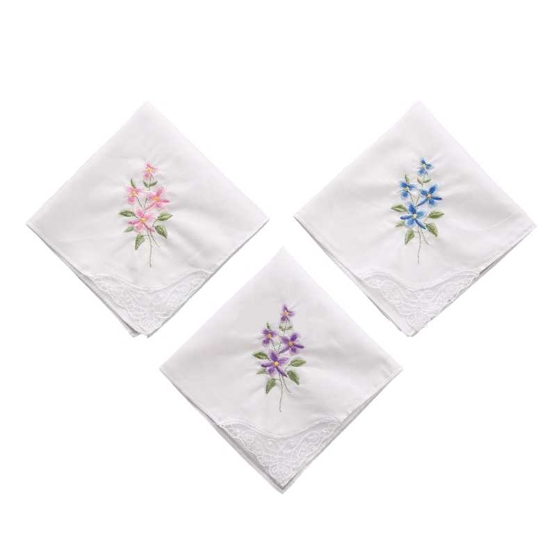 Cotton Ladies Handkerchiefs Vintage Floral Lace Edging Wedding Party Hanky: Blue