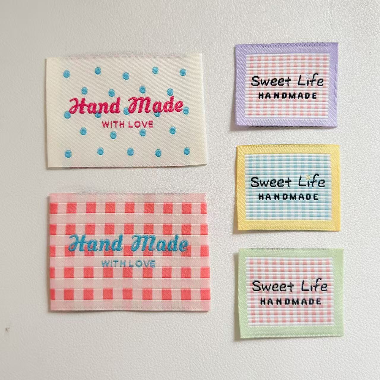 Handgemaakte stoffen labels – geruite en stippen geborduurde patches voor kleding, tassen, sokken, doe-het-zelf naailabels, klaar voor: Koper