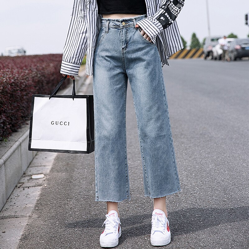 Streetpants Straight Jeans Women High Waist Blue Denim Trousers Female Loose Nine Length Fall Jeans P9136