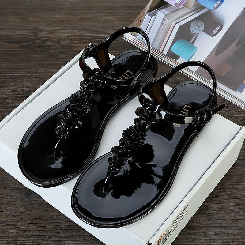 SWONCO sandały z pcw buty damskie letnie buty japonki 2020 nowe damskie wakacyjne plażowe sandały kwiatowe obuwie białe sandały: Black / 37