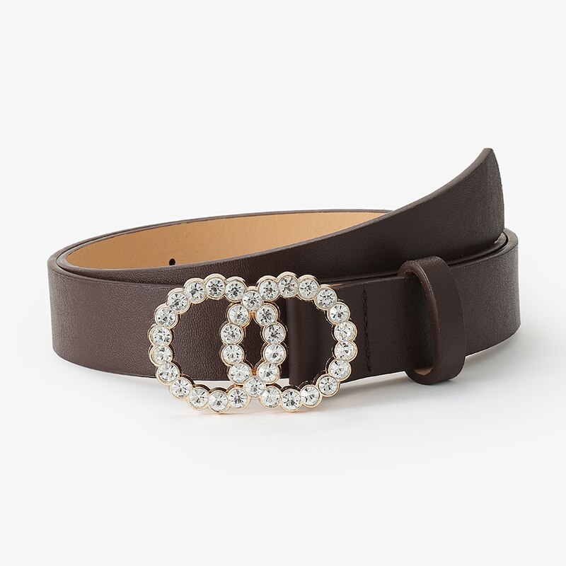 D &amp; T-Cinturón de para mujer, con dos círculos de diamante, hebilla decorativa, Material de cuero PU, cintura de estilo informal para mujer: brown