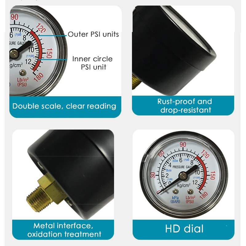 Manometer achterop gemonteerde zwarte luchtcompressor pneumatische hydraulische vloeistof manometer manometer draad 37#