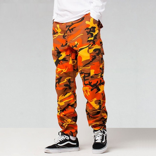Icpans cargo byxor herr joggingbyxor fullängds bomullsfickor byxa casual orange röd lila rosa camo byxor manliga streetwear byxor