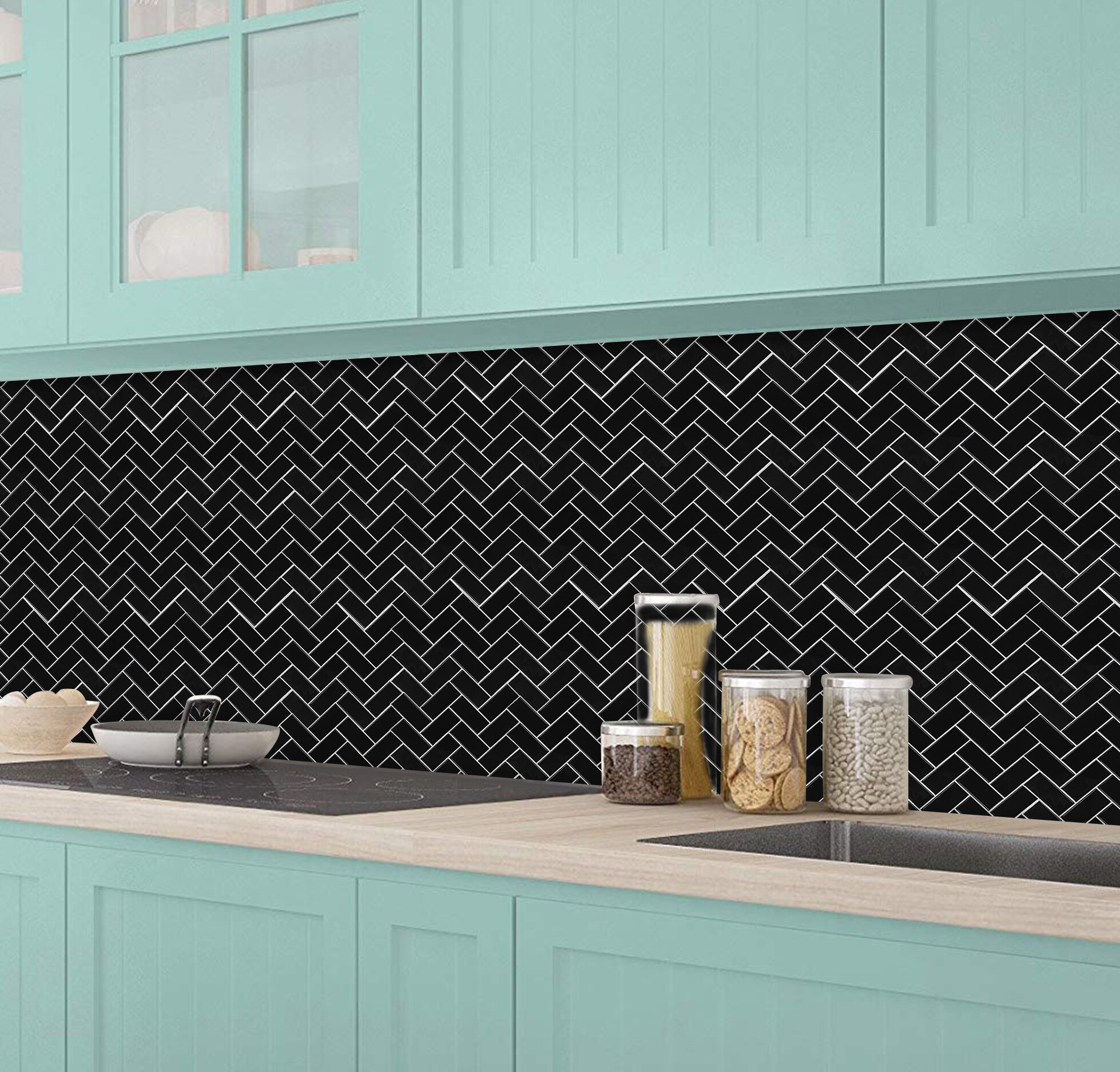 Black Herringbone Style Wall Tiles DIY Kitchen Backsplash Peel And Stick Tiles Waterproof Vinyl Wallpaper