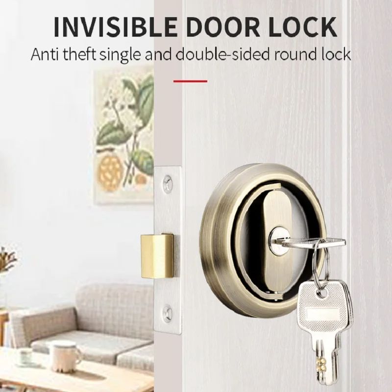 1Pcs Invisible Door Lock With Key Indoor Household Door Anti-theft Single Double-Sided Round Lock Stainless Safety Door Locks