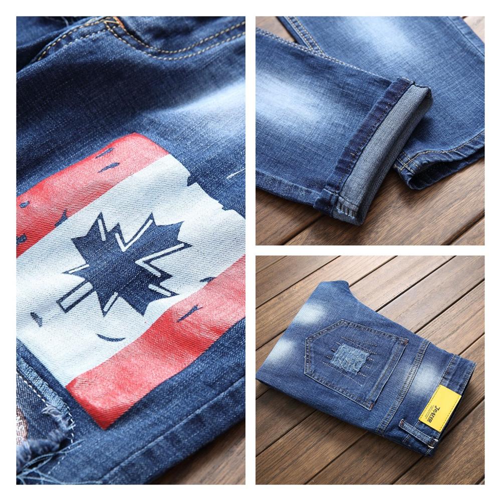 Märkesjeans herr slitna nödställda hål tryckta lapptäcke homme jeansbyxor plus storlek 29-38 blå herrjeans