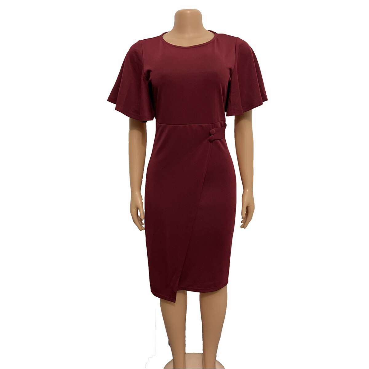 Damesjurken bodycon flare mouwen knielengte kantoor dames bescheiden elastische vestidos wijnrood blauw pakket heupjurken