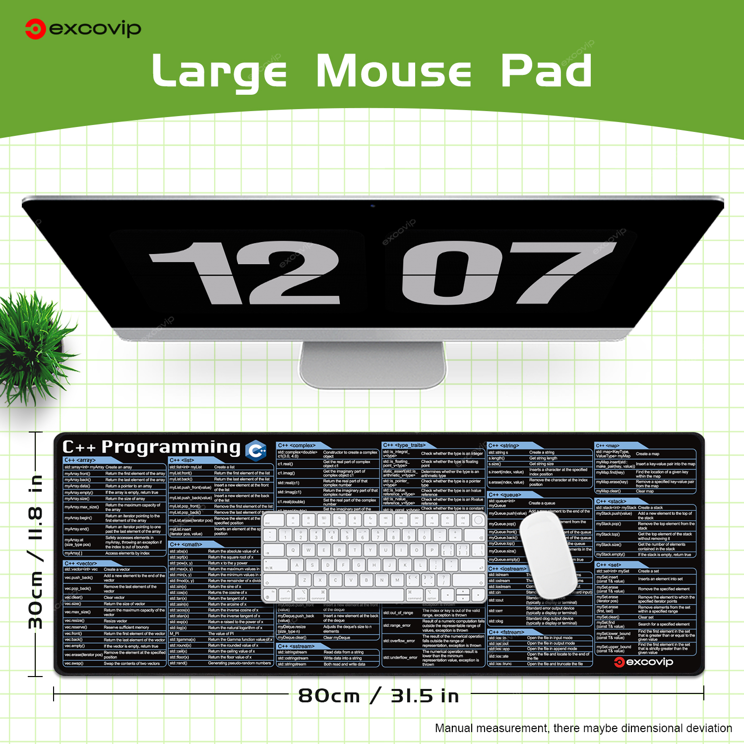 EXCO C++ Programing Mouse Pad Large Shortcuts Keyboard Mousepad Cheat Sheet Desk Mat Stitched Edge Non-Slip Base for Engineer