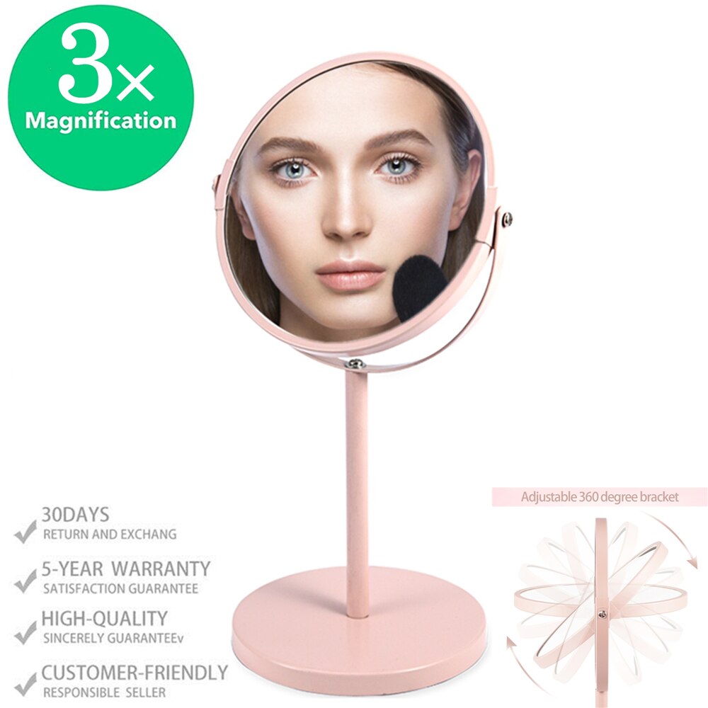 Miroir de maquillage à Double face, grand miroir de table rotatif de 6.7 pouces, pour toilette cosmétique: 1X-3X Pink