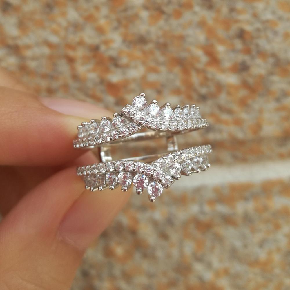 Newshe 2 Pcs 925 Sterling Silber Hochzeit Ringe Set Für Frauen Solitaire Engagement Ring Abnehmbare Schutz Band AAAAA Zirkon BR0910