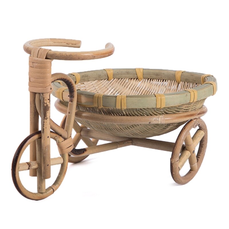 Mini Triciclo de ratán tejido para fruta, cesta de almacenamiento de mimbre hecha a mano de bambú para fruta, comida, pan, organizador, manualidades artísticas