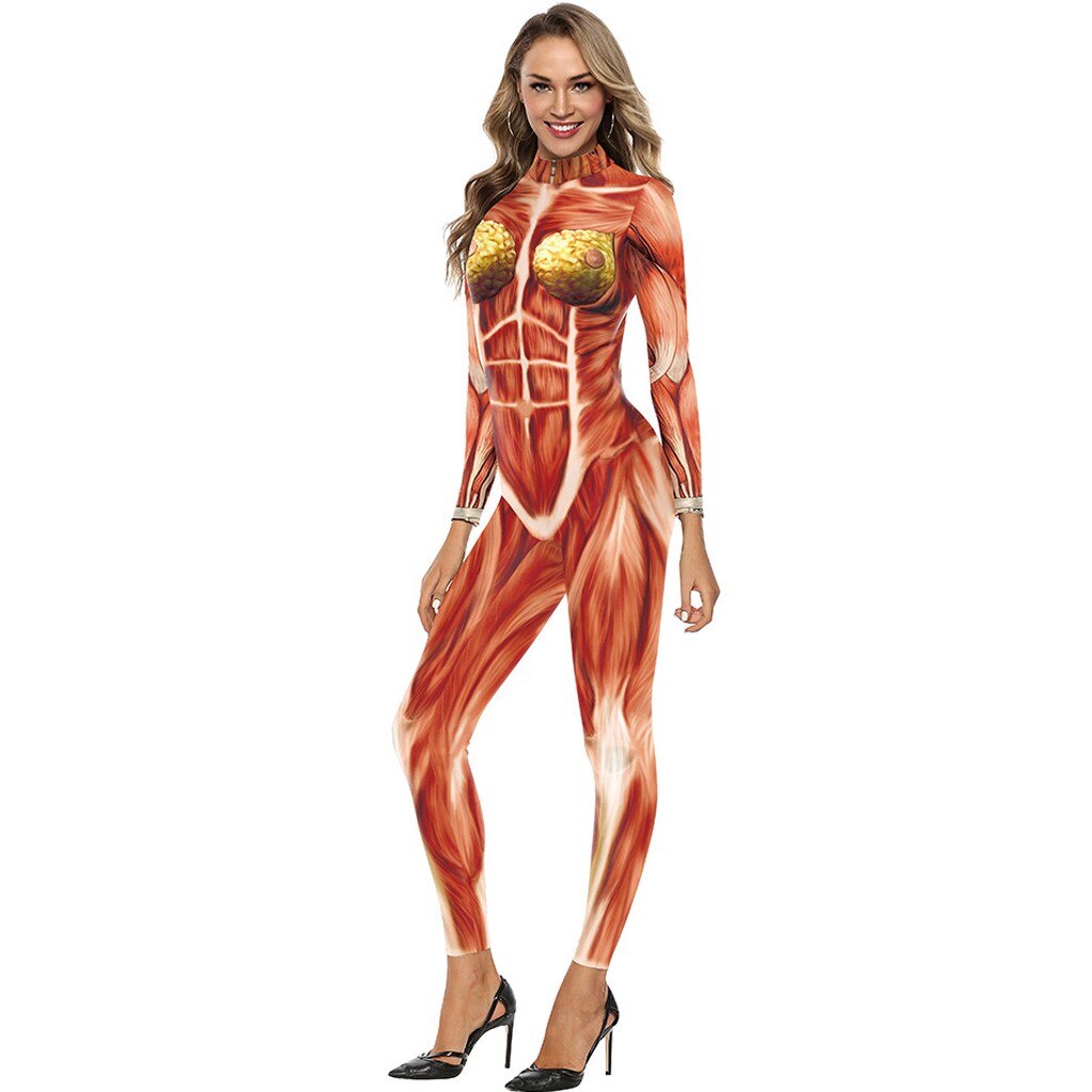 Femmes Muscle impression combinaison à manches longues mince Costumes combinaison à fermeture éclair nouvelle individualité body #3