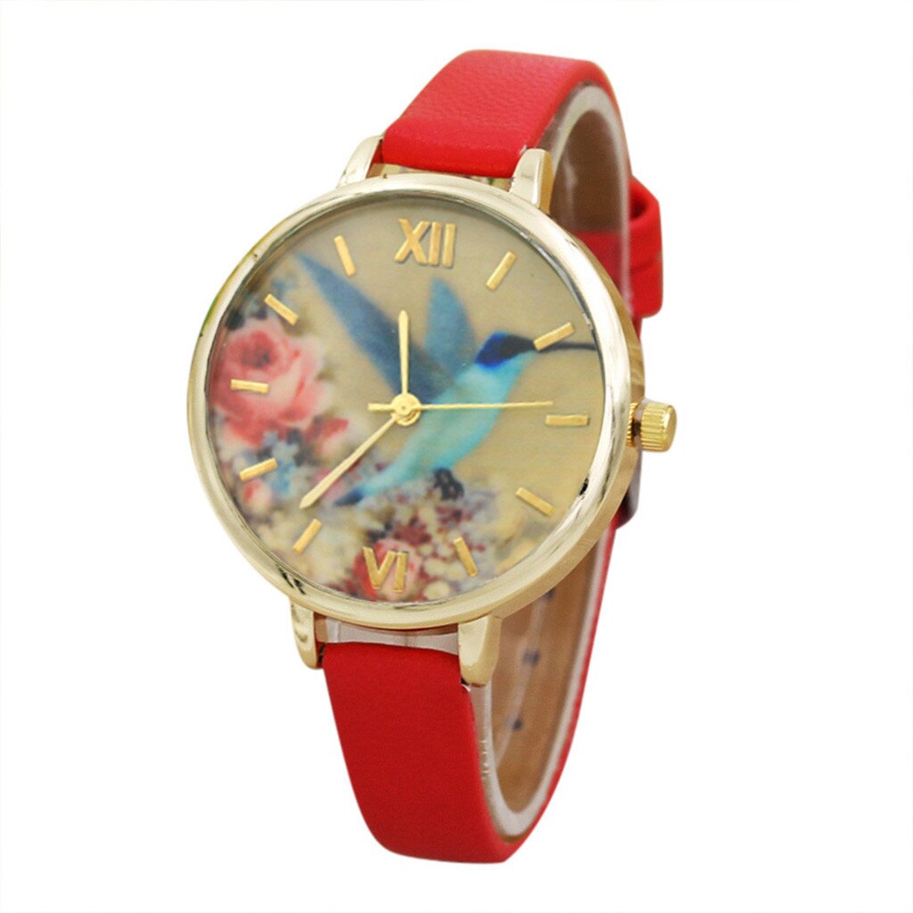 Vrouwen Jurk Leather Horloges Bloem Gedrukt Horloge Analoge Quartz Analoge Horloges Relogio Feminino: Red