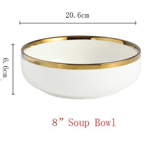 Ceramic Gold Plated Edge Plate Tableware Set White Porcelain Dinner Plate Household Kitchen Rice Bowl Salad Dish Steak Tray: E