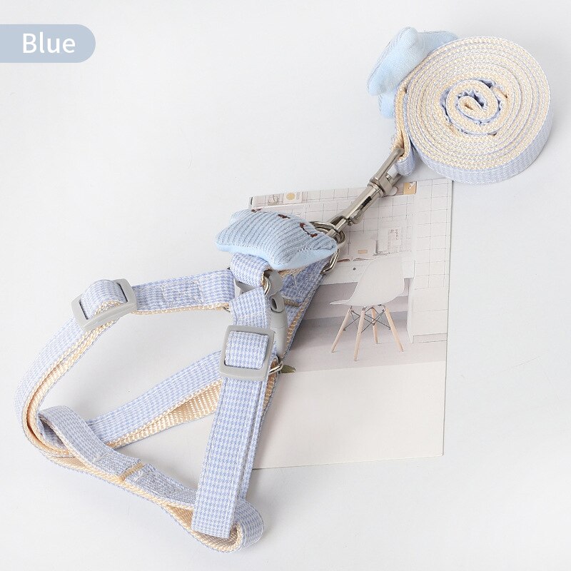Set van 1.2m hondenriemen en harnas, schattig zacht en verstelbaar puppyharnas voor kleine dames, teddybeer, hondenharnas voor vrouwen: Diepblauw / Breedte 1.5 cm x 1.2m