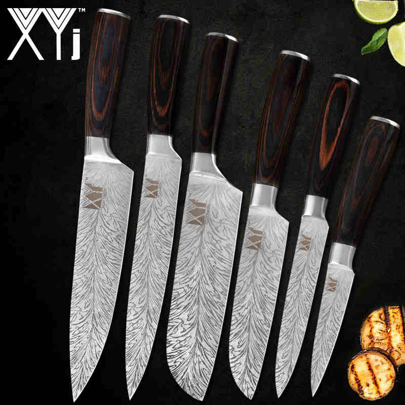 Xyj 6 '' 8 '' kjøkkenknivholder stativ rustfritt stål 7 cr 17 damaskus årer blad farge trehåndtak kniv kjøkkentilbehør: D .6 stk sett