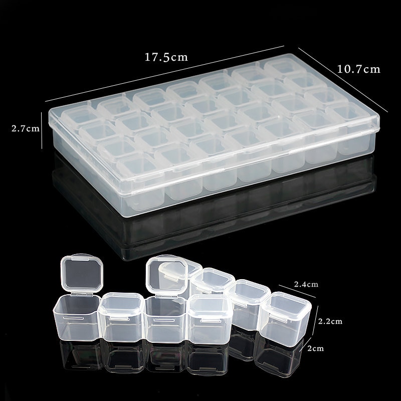 Caja de almacenamiento de plástico para joyería, contenedor rectangular de 28 ranuras, 17,5x10,7x2,7 CM, cuentas de diamantes de imitación, píldoras, pendientes