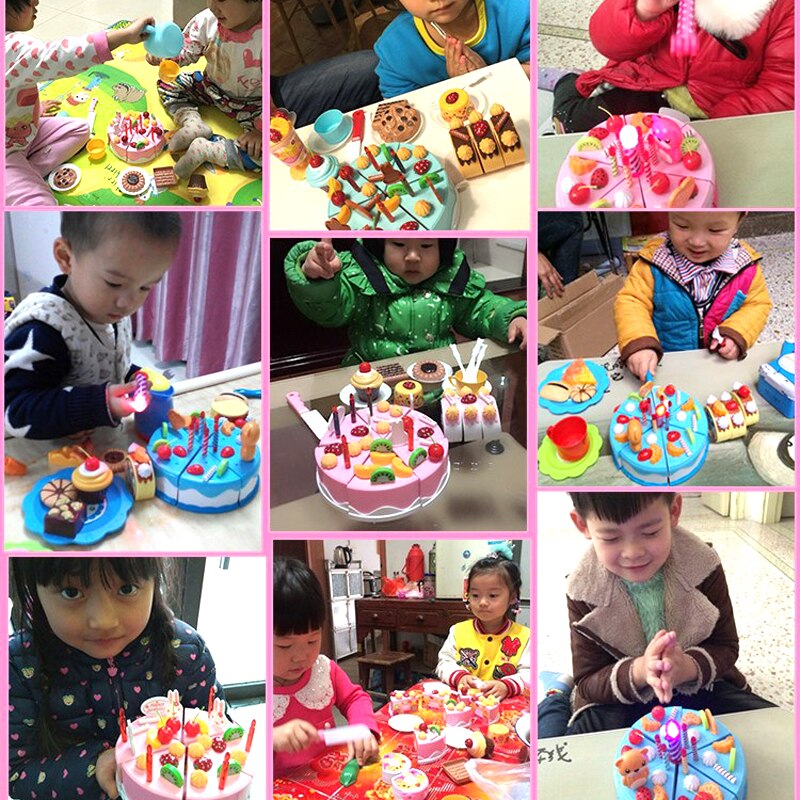 Birthday Cake Toys 37-80PCS DIY Pretend Play Fruit Cutting Kitchen Food Kids Toy Pink Blue For Children Cocina De Juguete