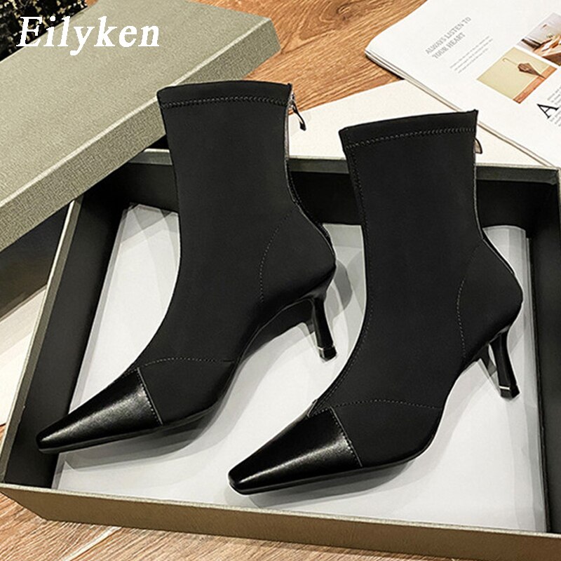 Eilyken merkki naisten nilkka resori kangas sukat saappaat teräväkärkinen matalakorkoinen beige saappaat naisten pumppu kengät