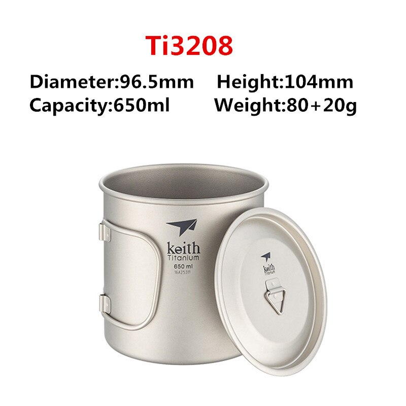 Keith titanium kopp titan vann krus sammenleggbart håndtak enkelt vegg kopp utendørs camping reise tur kopper med lokk 220ml-900ml: 650ml