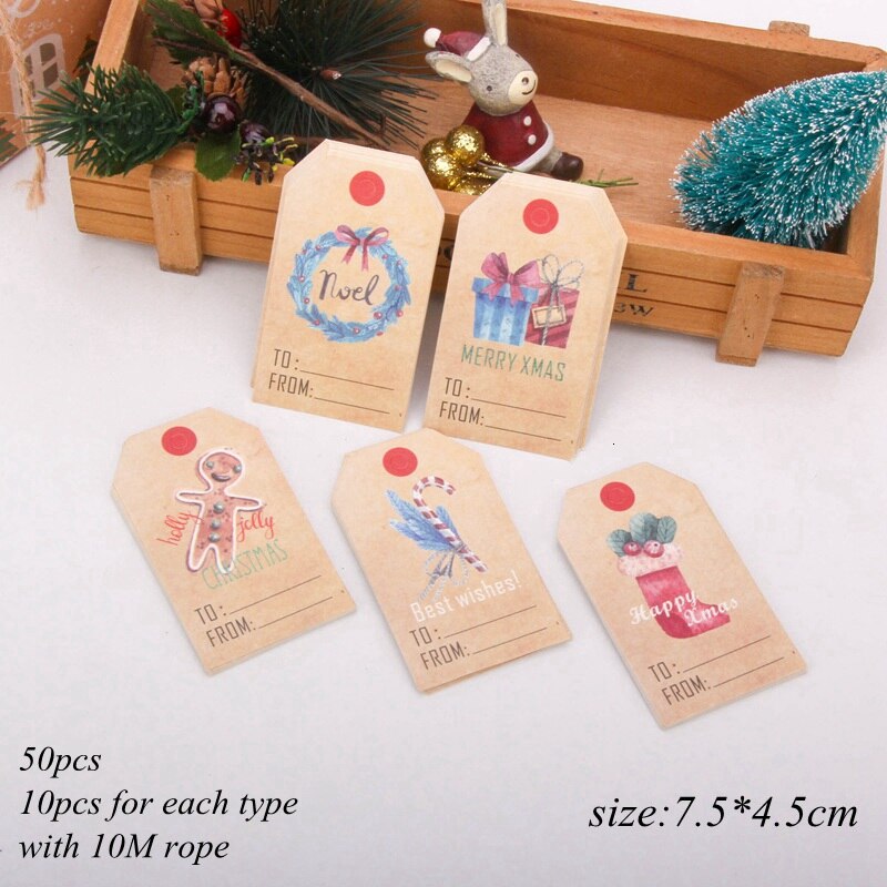 50 stuks/partij vrolijke kerstpapieren labels met touw diy knutselkaarten kerstfeest hangende labels inpakbenodigdheden huishoudelijke artikelen: 50 stuks natuur a