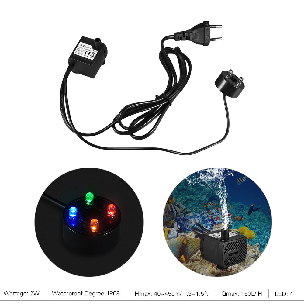 150-180L/H Fish Tank Aquarium Water Pump 2W/2.5W Submersible Water Pump with 4 LED Light Fountain Pump for Aquarium Pond EU/US: EU Plug / 2.5W