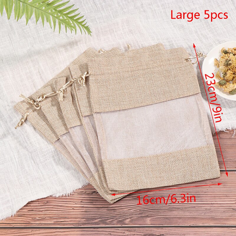 5pcs Pouch Drawstring Burlap Linen Bundle Pocket Jute Sack Candy Storage Bags Christmas Window Jewelry Drawstring: 5pcs L