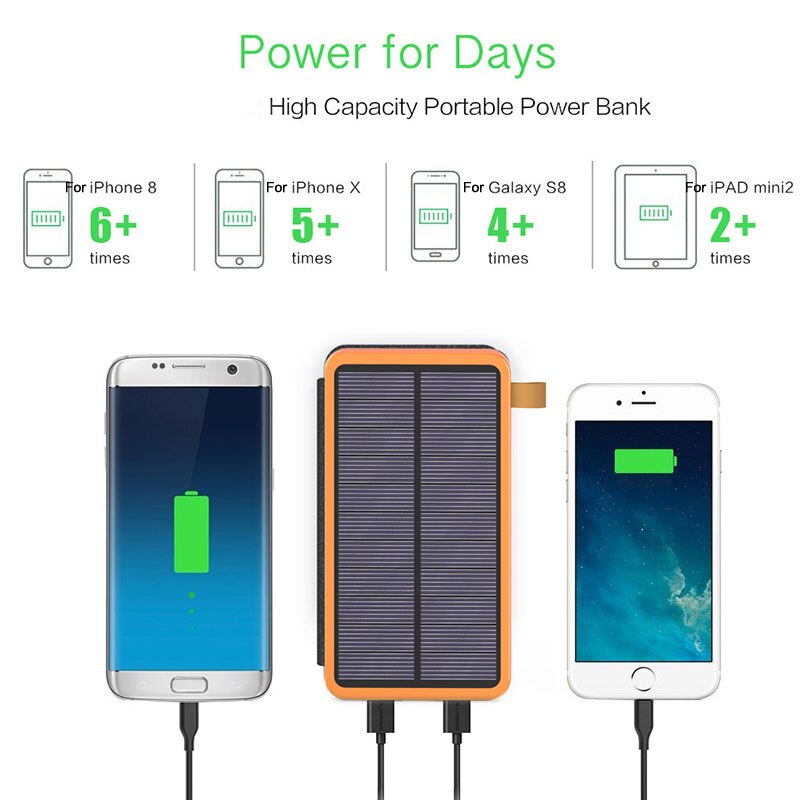 Banco de energía Solar plegable para teléfonos inteligentes, cargador Solar de 8000mAh con linterna, Panel Solar USB Dual