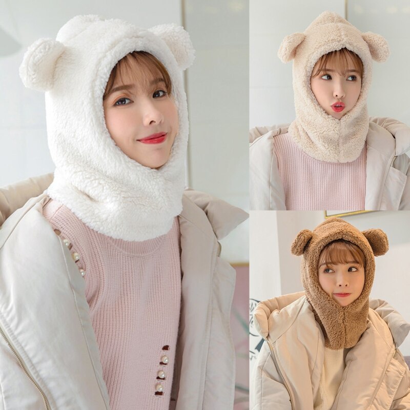 Vrouwen winter pluche warme capuchon muts sjaal schattige cartoon berenoren effen kleur thermische winddichte oorklep muts nekwarmer