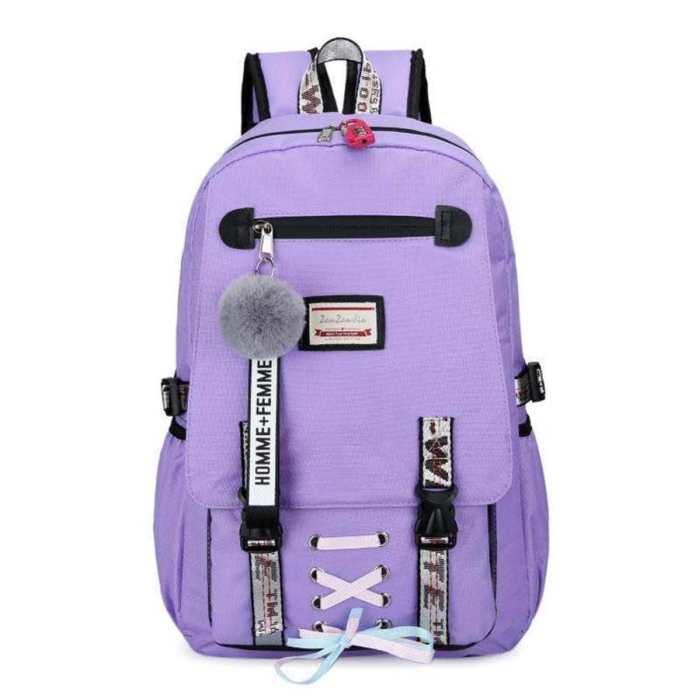 Nova moda grande sacos de escola para meninas adolescentes usb com bloqueio anti roubo mochila feminina saco de livro escola juventude lazer c: Purple