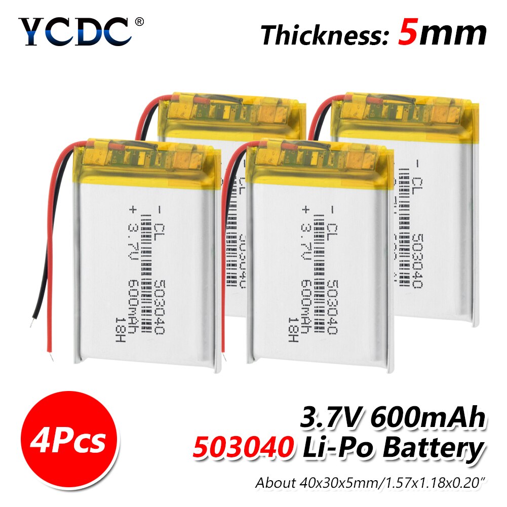 503040 3.7V 600mAh 053040 Lithium Polymer Li-Po li ion Rechargeable Battery For Mp3 MP4 MP5 GPS DVD Toy LED Light Headphone: 4Pcs