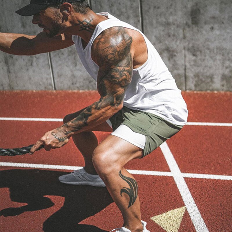 Men Knee Length Sweatpants Short Sportswear Summer Double Layer Straight Fitness Shorts