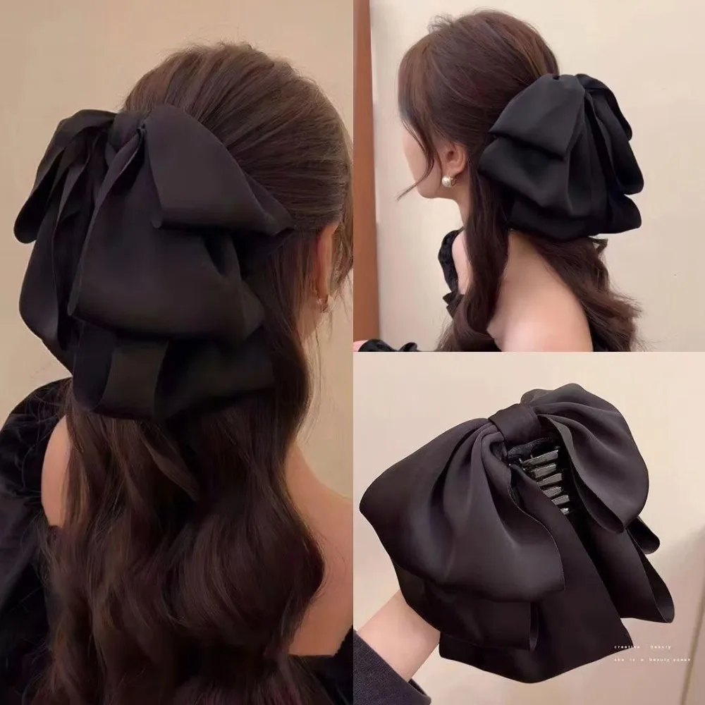 Clip grande de satén para el pelo, garra para el pelo para niña y mujer, tocado multicapa liso rojo y negro, pinzas de coreana para accesorios para el cabello