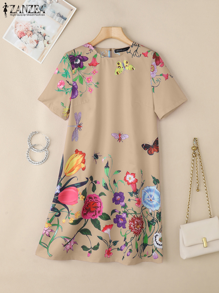 Zanzea zomerjurk met bloemenprint voor dames, stijlvolle feestjurken, korte mouwen, werkjurk, zomerjurk, bohemian vestidos: Xxl / Khaki