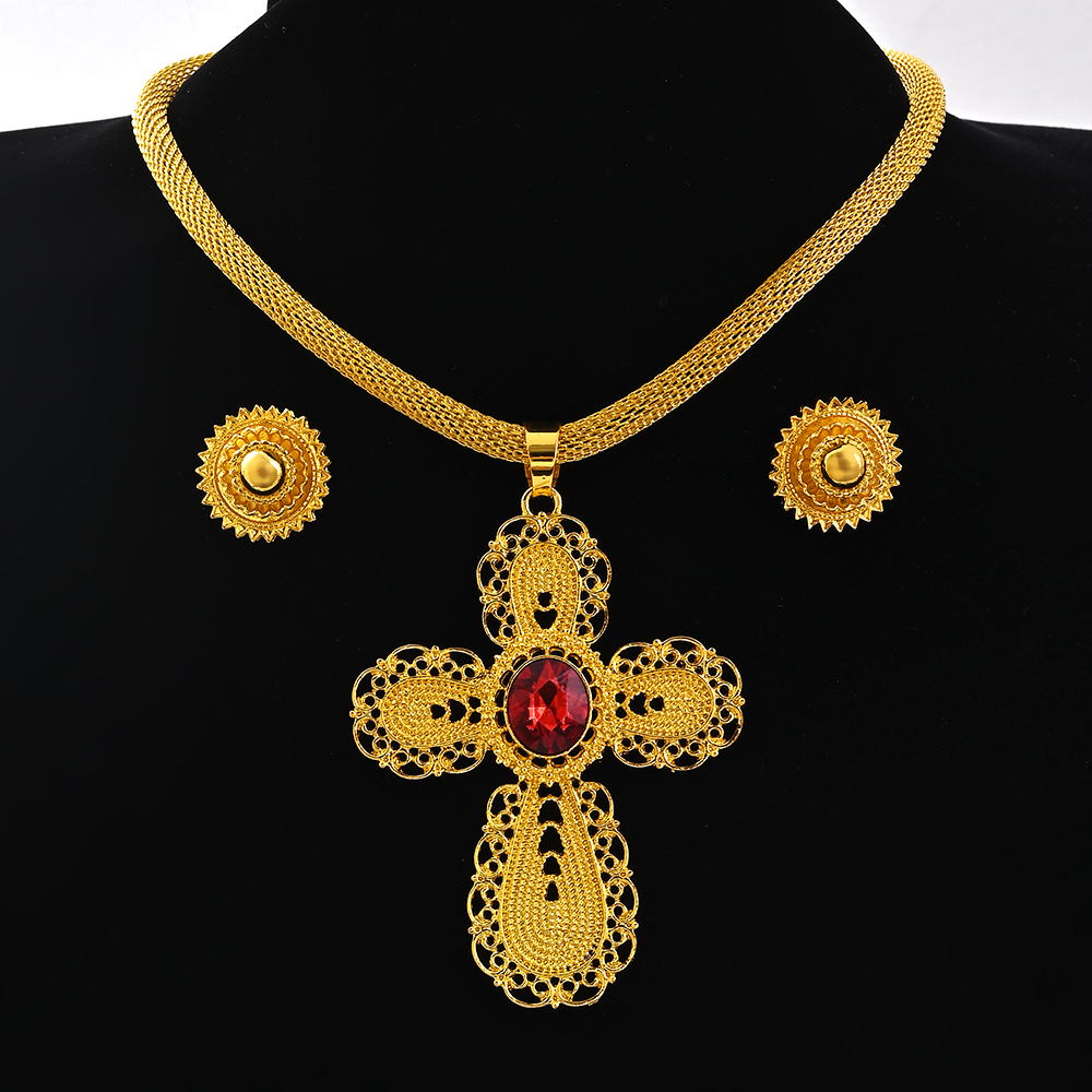 Saoedi-Arabië 24K Goud Kleur Ethiopië Vrouwen Sieraden Ketting Oorbel Afrikaanse Arabische Bruids Set Habesha Eritrea Party: Dark Red